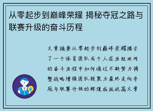 从零起步到巅峰荣耀 揭秘夺冠之路与联赛升级的奋斗历程
