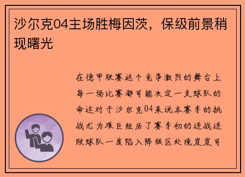 沙尔克04主场胜梅因茨，保级前景稍现曙光