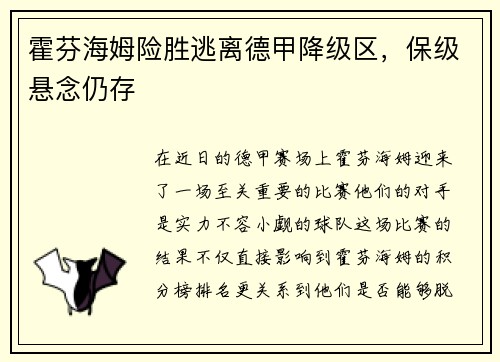 霍芬海姆险胜逃离德甲降级区，保级悬念仍存